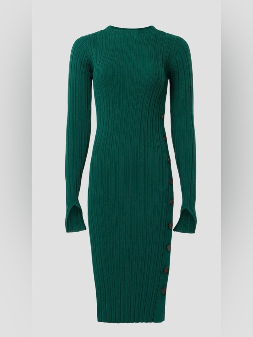 Adam Lippes Ribbed Long Sleeve Button-Trim Midi Dress in Green - Picture 4 of 12